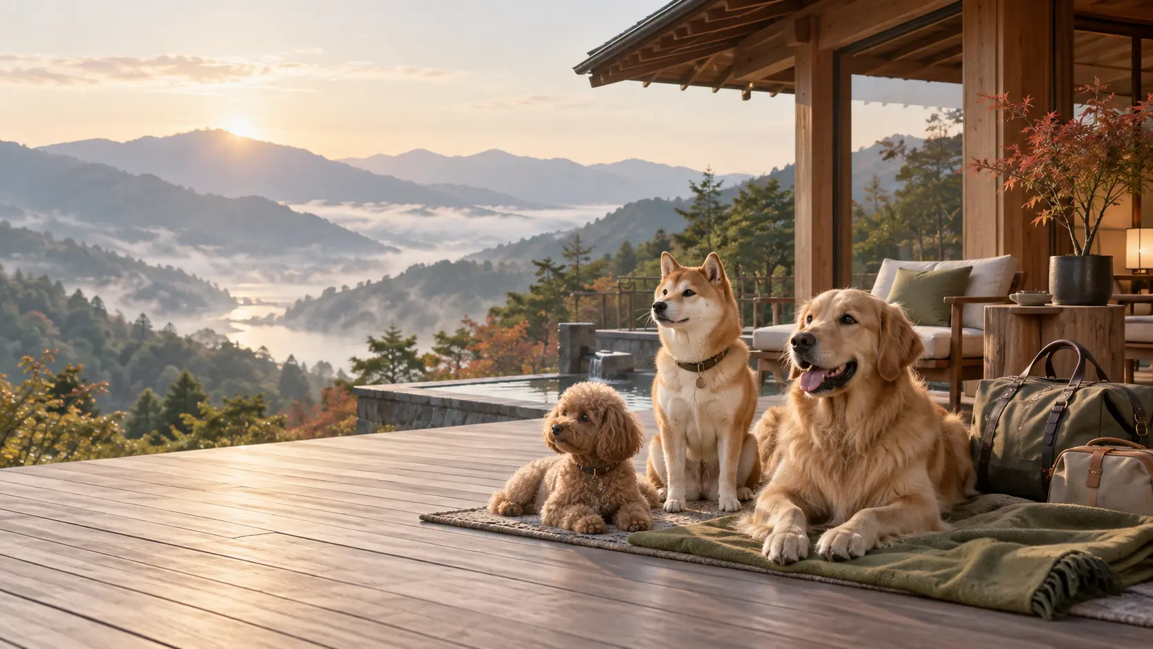 トイプードル、柴犬、ゴールデンレトリバーと訪れる山の宿