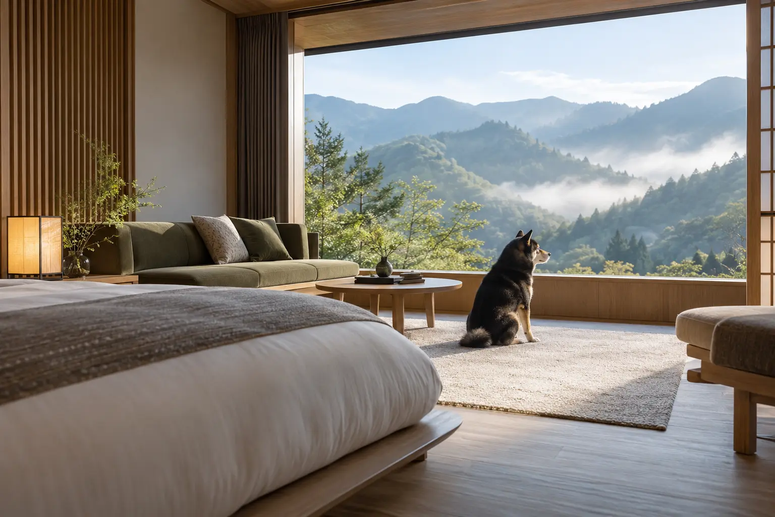箱根の山を眺める客室と犬のイメージ